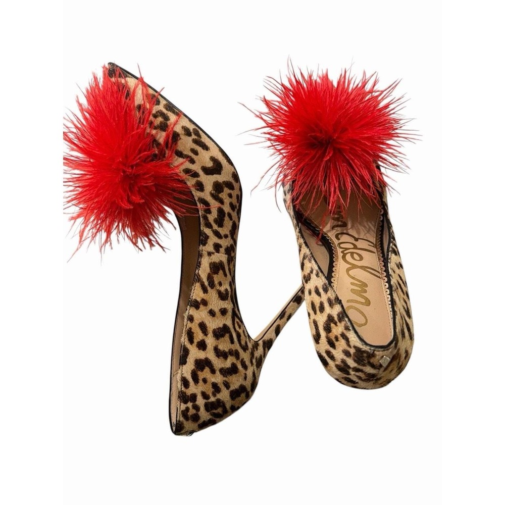 Sam Edelman Leopard Fur Red Feather Rare Stiletto 7 Glam Holiday Statement
